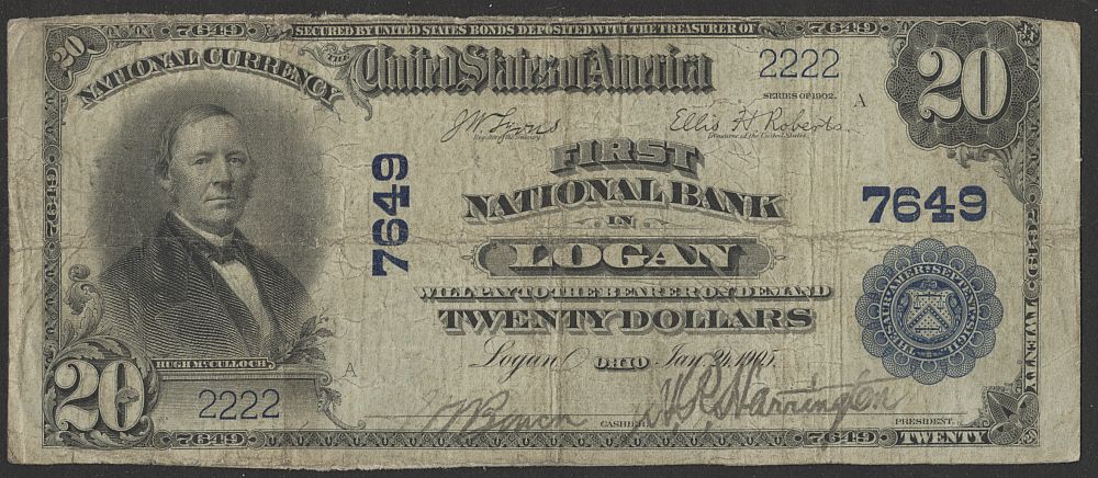 Logan, OH, 1902PB $20 , Fine, 2222